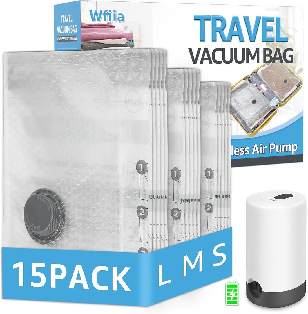 15 Packs Vacuum Bags for Travel with Rechargeable Pump, 3 Sizes Vacuum Seal Bags for Clothing, Compression Vacuum Travel Bags for Luggage, Vacuum Packing Bags for Closet Organization, 15 Combo Travel Size