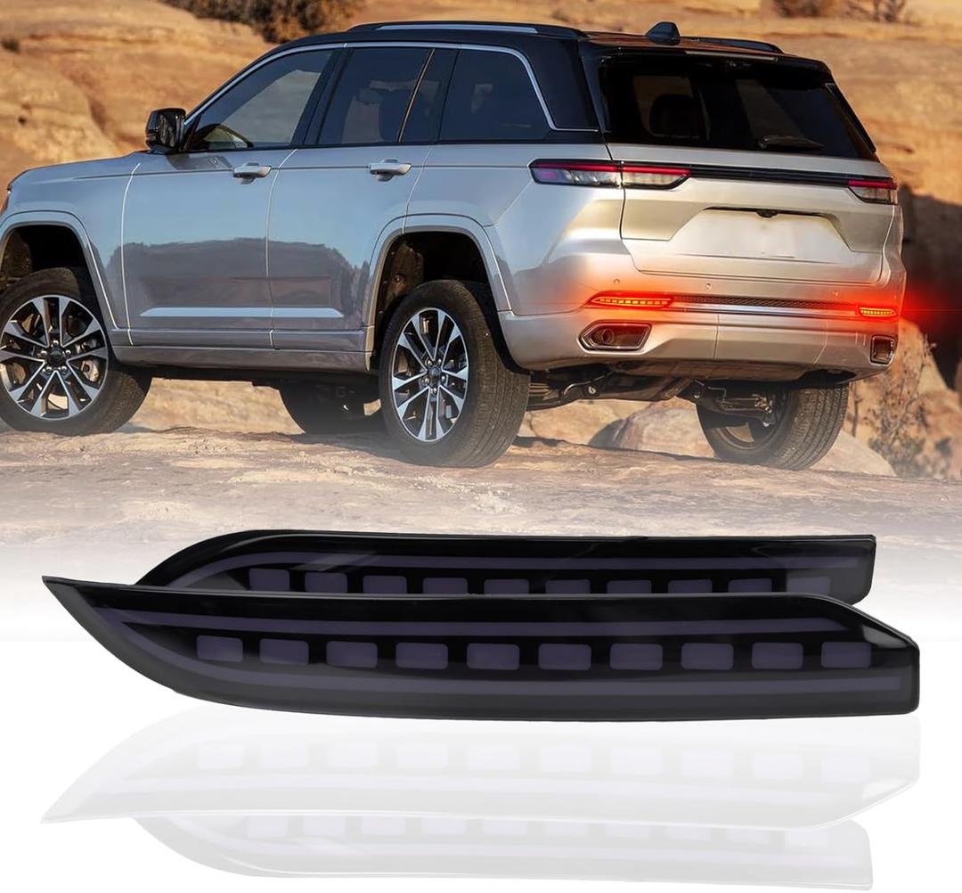 Red LED Rear Bumper Reflectors Fog Brake Tail Light Lamps Compatible with Jeep Grand Cherokee 2022 2023 2024 2025 Reflector Light Turn Signal Kits (SMOKED)
