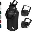 BJPKPK Half Gallon Insulated Water Bottles with Straw Lid, 64oz Large Water Jug, Stainless Steel Bottles with 3 Lids and Paracord Handle, Thermo for Hot & Cold Liquid, Black