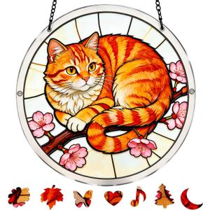 Acrylic Jigsaw Puzzle Suncatcher-Orange Cat, 8.6in Stained Glass Window Hanging, Home Decor Creative Mom Gifts, Birthday Gifts for Women,Wife, Sisters, Aunt, Besties