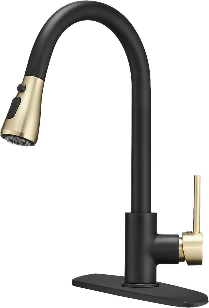 BESy Brass Single Handle Kitchen Faucet with Pull Down Sprayer, Black Gold (1 or 3 Hole) 