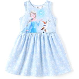 Disney Frozen Toddler Girl Dress Elsa Olaf Character Print Casual Sundress Sleeveless Summer Outfit School Holiday Clothes Blue 5-6 Years