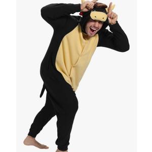 dressfan Black Bull Costume Animal Bull Onesie Pajamas Halloween Cosplay Costume L