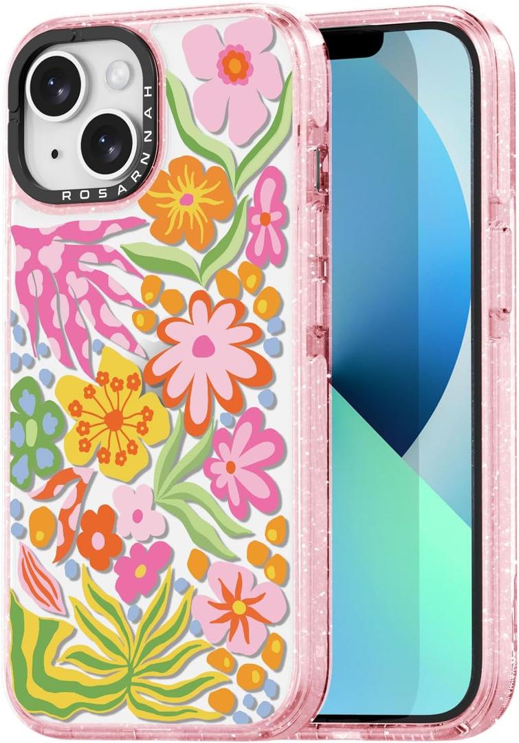 for iPhone 13 Case Cute - Durable Shockproof 6.6 ft Drop Impact Phone Case - Funny Passion Flower Design (6.1") Glitter Pink