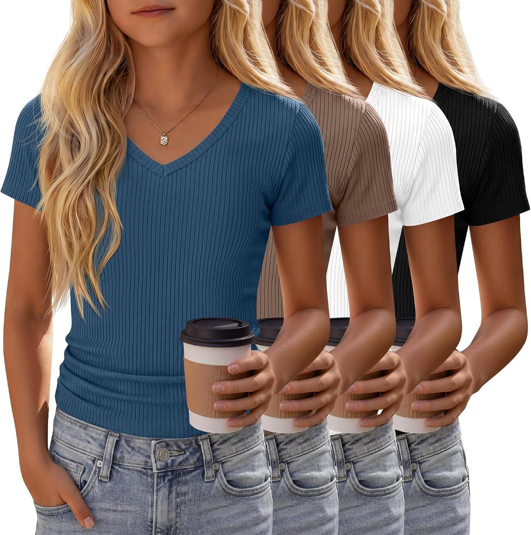 4 Pack Girls Short Sleeve Shirts Ribbed V Neck Tops Fitted Kids Soft Basic Tees Summer (White)