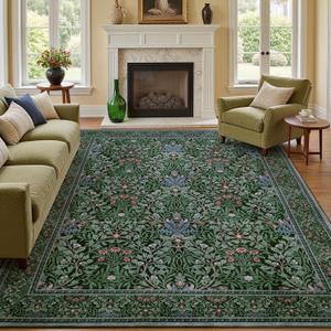 Area Rug 7x9 Living Room Rugs, Washable Vintage Floral Large Soft Non Slip Thin Rug Low Pile Green Area Rug for Bedroom Dining Room Kids Playroom Office Decor Indoor, Dark Green