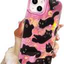 Compact Case for iPhone 15 Black cat-Pink Design,Cute Trendy Soft Slim TPU Shockproof Protective Bumper Phone Cases Cover for Women Girls Aesthetic Glitter Shiny Adorable