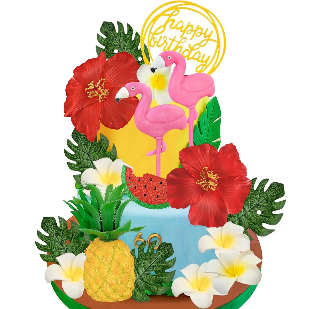 2 x Yisquar Hawaiian Flower Cake Toppers Flamingo Cake Topper Summer Cake Decorations with Pineapple and Hibiscus Flower Palm Leaves for Tropical Hawaii Aloha Luau Flamingo Themed Party Supplies