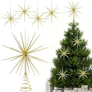Leinuosen 5 Pcs Glitter Starburst Christmas Ornaments Include 4 Pcs 8'' Exploding Star Hanging Tree Ornament with a Large 13.7'' Starburst Christmas Tree Topper Xmas Holiday Tabletop Decor(Gold)