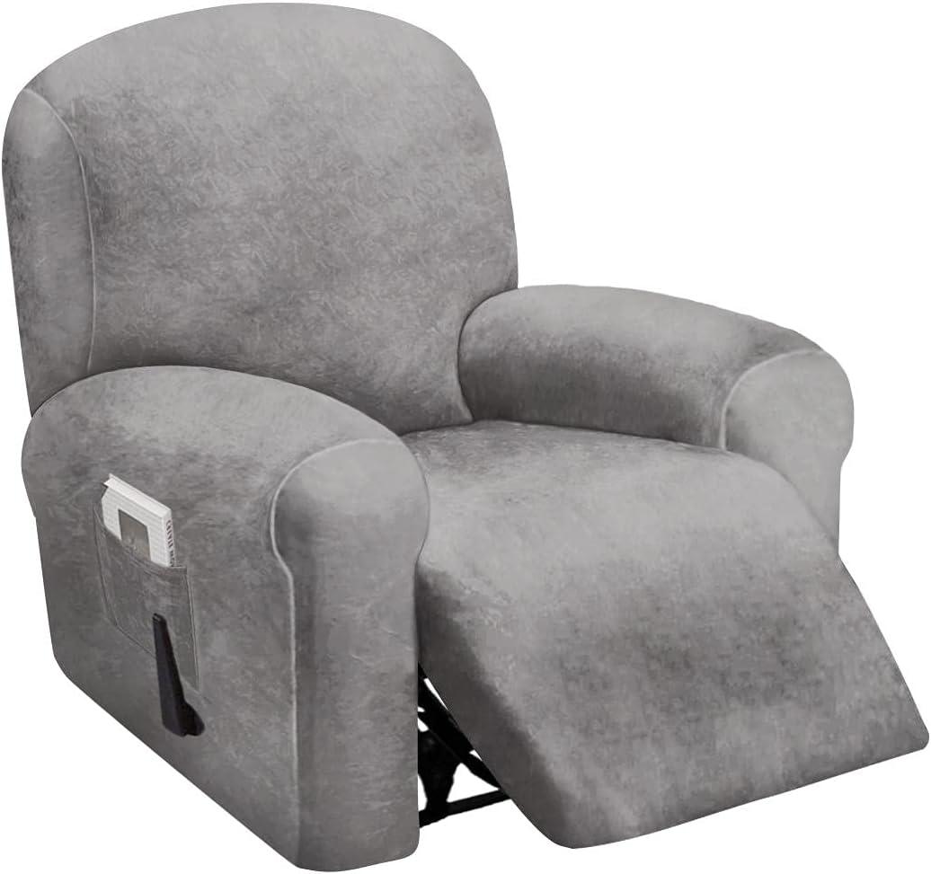 ULTICOR 4-Piece, 1 Seat Recliner Cover, Velvet Stretch Reclining Chair Covers for 1 Cushion Reclining Sofa, Single Seat Recliner Couch Cover, Thick, Very Soft, Machine Washable (Light Grey)