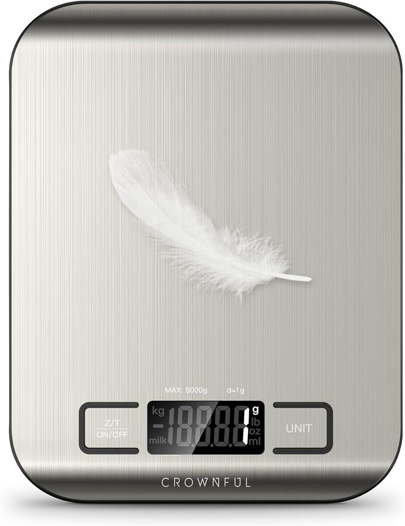 CROWNFUL Food Scale, 11 lb Digital Kitchen Scales with Built-in Coin Battery, Weight Ounces and Grams for Cooking and Baking, 6 Units with Tare Function, LCD Display, 304 Stainless Steel (Silver)