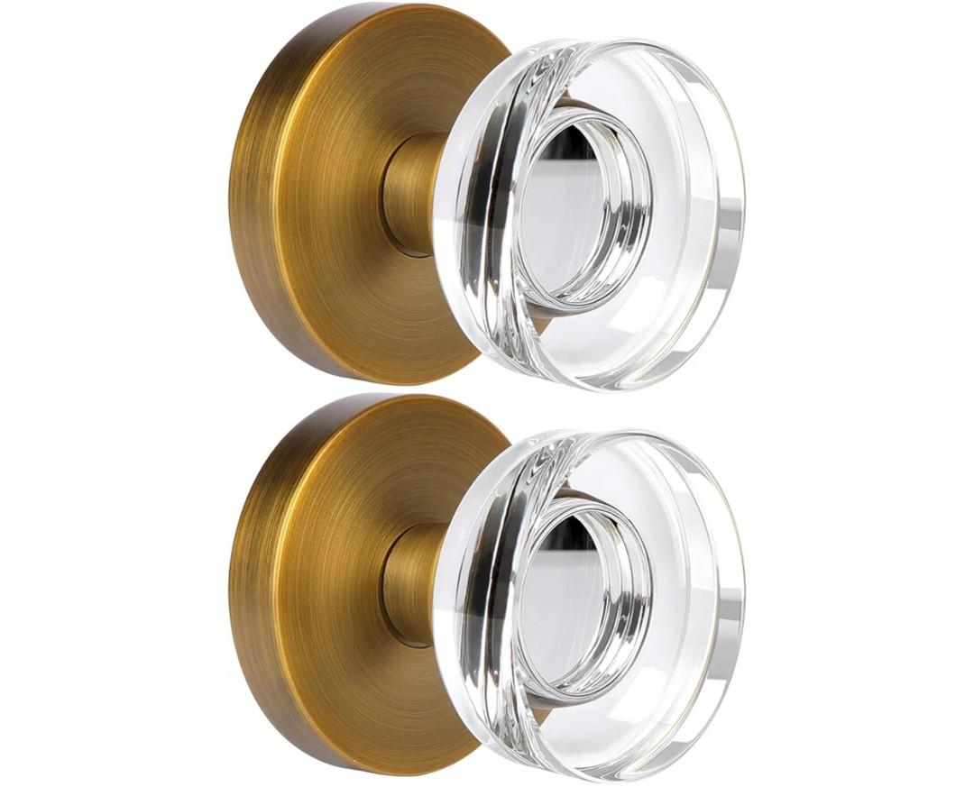 2 Pack Antique Brass Dummy Door Knob Crystal Glass Dummy Door Knobs Interior, Round Vintage Dummy Door Handle Interior for Hall Pantry Closet Door Knobs