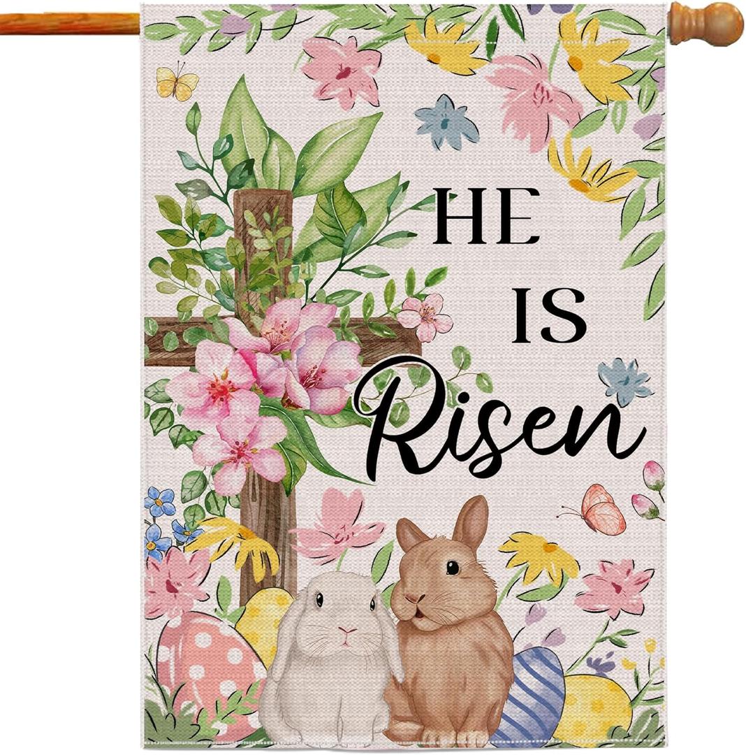 Easter Bunny Flag 28x40 Inch Double Sided Outside, He Is Risen Easter Flag Lamb Flowers Cross Decorations Outdoor Yard Burlap