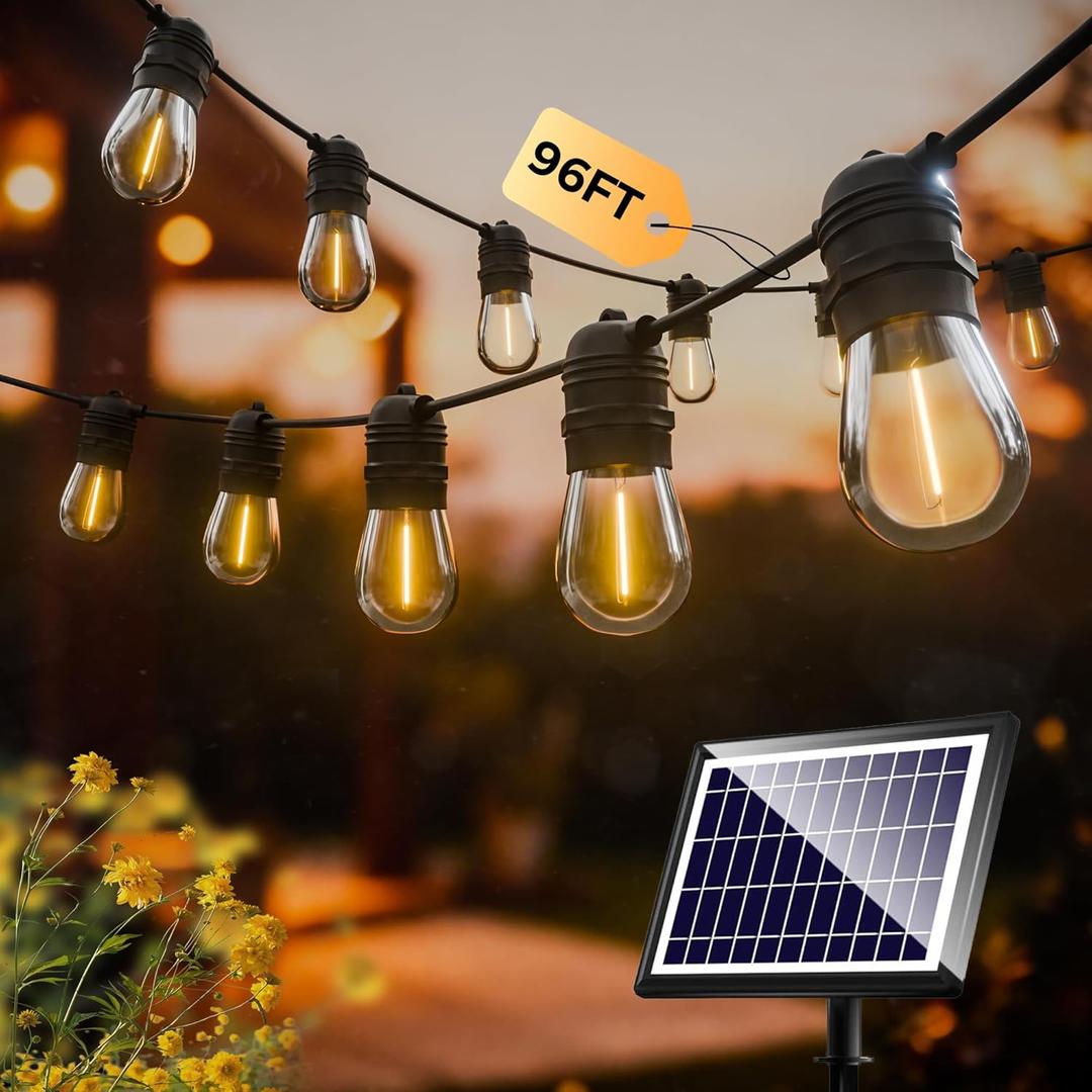 SUNAPEX Solar String Lights Outdoor Waterproof,96FT Solar Patio Lights with Shatterproof Edison Bulbs,Outdoor String Lights Solar Powered for Patio,Camping,Backyard