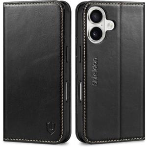 SHIELDON Case for iPhone 16 6.1" 2024, Genuine Leather Flip Wallet Case Magnetic RFID Blocking Card Holder Kickstand Shockproof TPU Protective Phone Cover Compatible with iPhone 16 - Retro Black