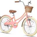 Glerc Little Molly 20 Inch Kids Bike, Retro Cruiser Girls Bike for Children Ages 7-13 Years Old, ‎Kids Bicycle with Wicker Basket & Kickstand, Peach