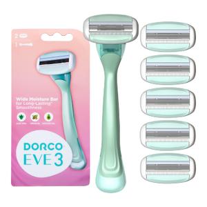 Dorco EVE3 Razor Smooth Touch for Women, Includes 1 Razor Handle and 6 Long-Lasting Razor Blade Refills (Handle + 6 Refills)