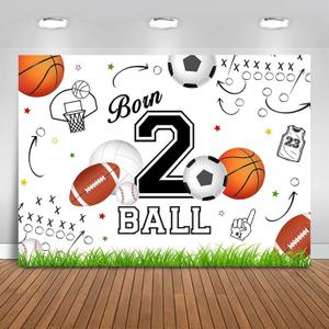 Born Two Ball Backdrop 7x5ft Sports Theme 2nd Birthday Party Decorations Background for Boys Football Basketball Baseball Born 2 Ball Banner Photo Booth Props