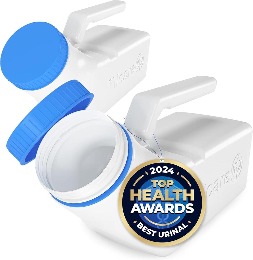 Urinals for Men Glow in The Dark Lid by Tilcare (2 Pack) - 32oz/1000mL Thick Plastic Mens Bedpan Bottle with Screw-on Lid - Spill Proof Urinary Chamber - Male Portable Travel Pee Bottles