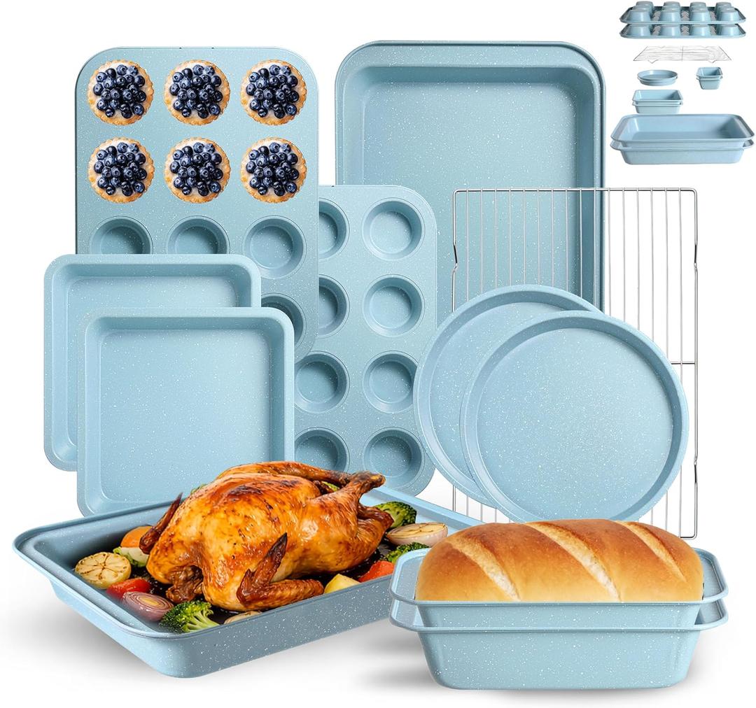 11-Piece Nonstick Baking Pans Set - Professional Grade Carbon Steel Bakeware with Premium Coating- Dishwasher Safe, Stackable, Oven Safe to 450F (Slight Blue)