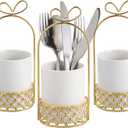 JUXYES Ceramic Silverware Holder For Tabletop, White Cutlery Holder With Golden Metal Bracket, Decorative Flatware Holder Countertop Utensil Holder Organizer for Wedding Kitchen Dining Tables