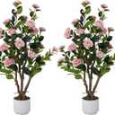 2 Pack Artificial Camellia Tree with White Pot, 38" Faux Potted Plants for Indoor Outdoor Decor, Tall Silk Greenery Plant for Home Offce Living Room Balcony, Pink