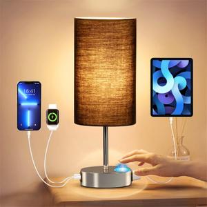 KPQ Bedside Lamp Touch Control Table Lamp with USB A+C Charging Ports & AC Outlet 3-Way Dimmable Nightstand Lamp with Linen Fabric Shade for Bedroom Living Room(Light Bulb Included)