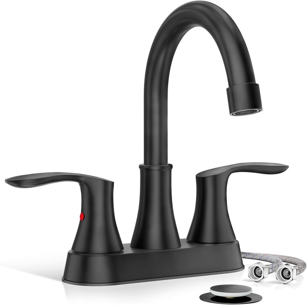 Phiestina 4 Inch 2 or 3 Hole Centerset Matte Black 2 Handle Bathroom Sink Faucet 360Swivel Spout RV Bath Vanity Faucet with Water Supply line & Metal Pop-up Drain, TY36-MB