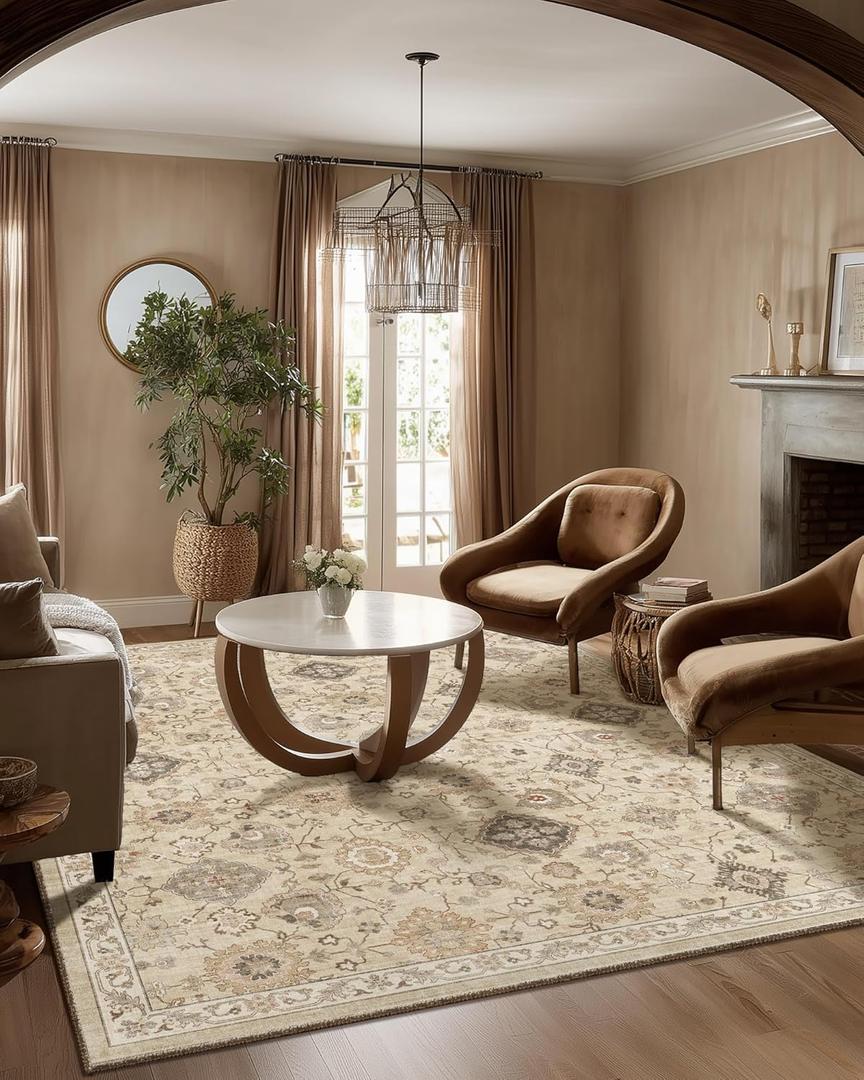 Machine Washable Rug for Living Room: 5x7 Area Rugs Boho Vintage Rug Stain Resistant Non Slip Low Pile Soft Lightweight Carpets for Bedroom Kitchen Dining Room Nursery Kids Room Farmhouse (Beige and Cream)