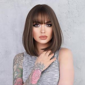Lightweight Breathable Short Straight Bob Wigs Human Hair Natural Full Head Look with Bangs Glueless Heat Resistant for Effortless Daily Wear (14 Inch, Cold Brown)