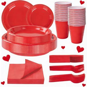 WELLIFE 210 PCS Red Plastic Plates for 30 Guests - Disposable Dinnerware Set Including Dinner Plates, Dessert Plates, 12oz Cups, Cutlery & Napkins, Red Disposable Plates for Valentines