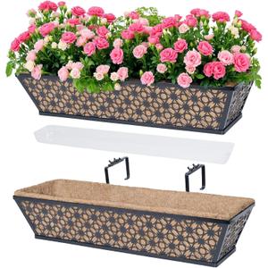 hehimhis 24 Inch 2 Pack Railing Planter Box with Adjustable Bracket,Window Planter Boxes Outdoor for Porch,Balcony Planters Railing Hanging,Fence,Patio Hanging Planters for Garden, 24 Inch 2 Pcs