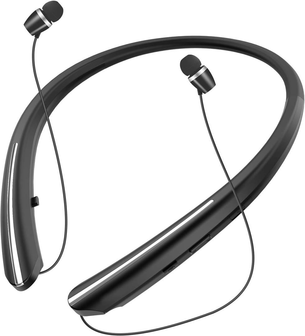 Bluetooth 5.0 Neckband Bluetooth Headphone, Sweat Resistant Noise Cancelling Stereo Headphones, and Retractable Ear Tips for Music, Conference, Videos (Black)