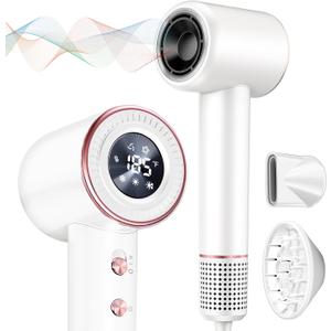 Rudd Hair Dryer with Diffuser, High Speed Hair Dryer with Display, 110000 RPM Brushless Motor for Fast Drying, 200 Million Negative Inoic Low Noise, White