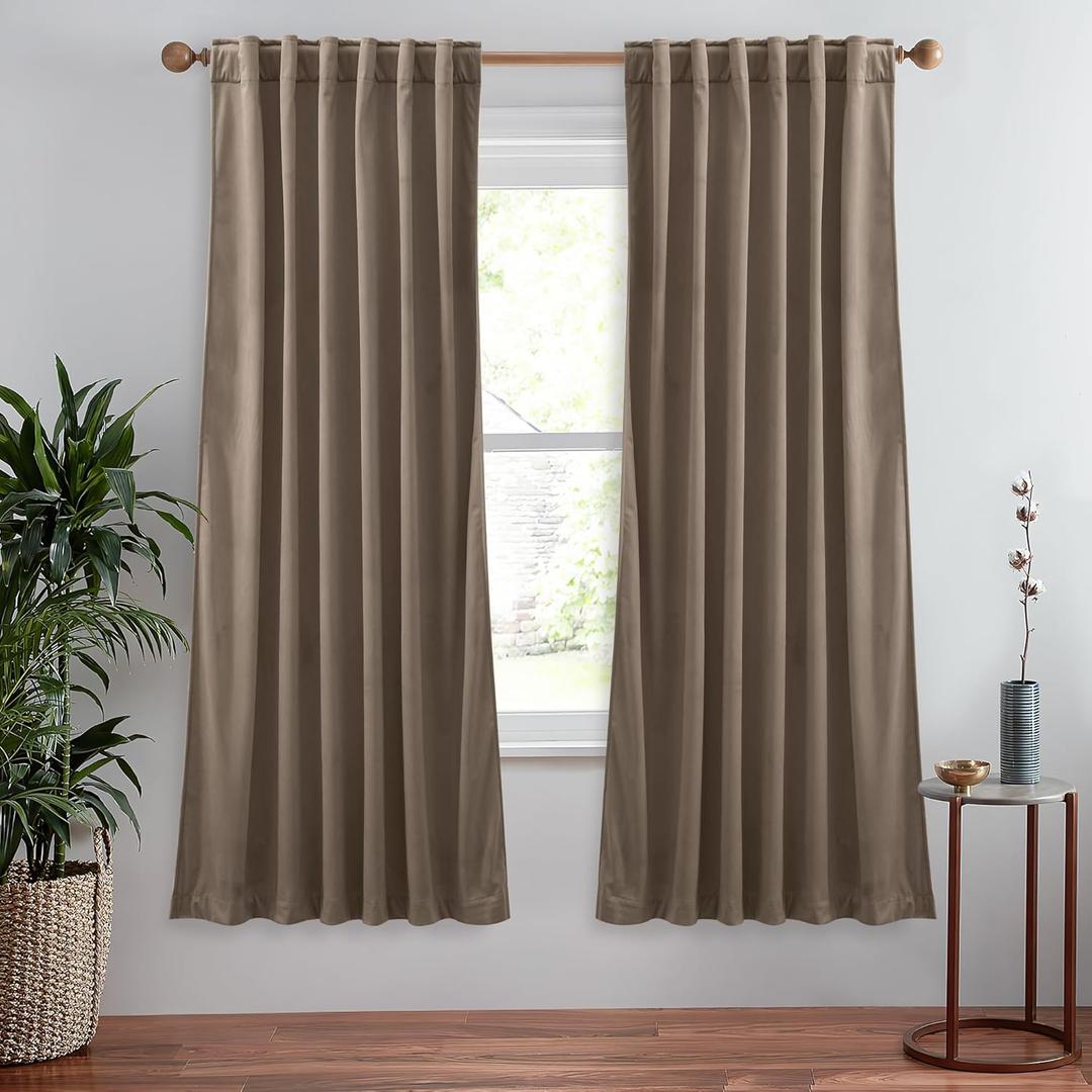 StangH Taupe Velvet Curtains Super Soft Back Tab Window Drapes 72 inches Long for Living Room, Light Blocking Thermal Privacy Curtains for Study/Laundry, W52 x L72, 2 Panels (Beige Series - Taupe)