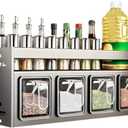 Kitchen Spice Rack, Kitchen Organizer and Storage Rack with 4 Spoons, Spice Organization for Cabinets Punch-free Wall/Countertop Home Decor Multifunctional Double Layer 4 Grid Condiment Rack, Gray