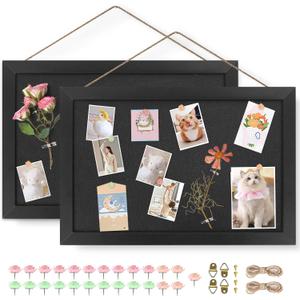 AKTOP 2-Pack Black Cork Board with Linen 16.7" X 11", Small Framed Bulletin Board for Wall, Hanging Pin Board Picture Board for Home Office Decor, Cute Vision Board with 25 Pushpins