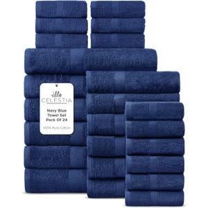 100% Cotton Bath Towel Set of 24-6 Bath Towels, 6 Hand Towels, 12 Wash Cloths, Sustainable, Soft, Highly Absorbent, Combed Cotton 24 Piece Set for Hotels, Spa, Bathroom, Dorm, Navy Blue, Towel Set - Pack of 24