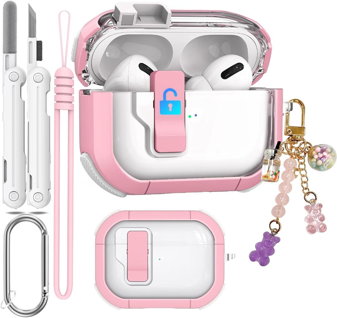 Clear Case for AirPods Pro 2nd/1st Generation Case, Secure Lock Case for Apple Airpod Pro 2&1 Gen Case Cover with Silicone Wrist Strap Cute Candy Keychain for Women,Pink