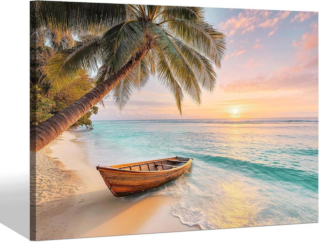 Coastal Beach Canvas Wall Art: Sunset Ocean Wave Picture Tropical Palm Tree Painting Sea Seaside Boat Prints Modern Seascape Artwork for Bathroom Bedroom Living Room, 36"L x 24"W