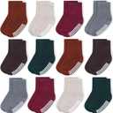 JAKIDAR 12 Pack Baby Toddler Socks Non Slip Grip Cotton Crew Socks for Boys Girls Infants Kids (12-24 Months, Angola Red)