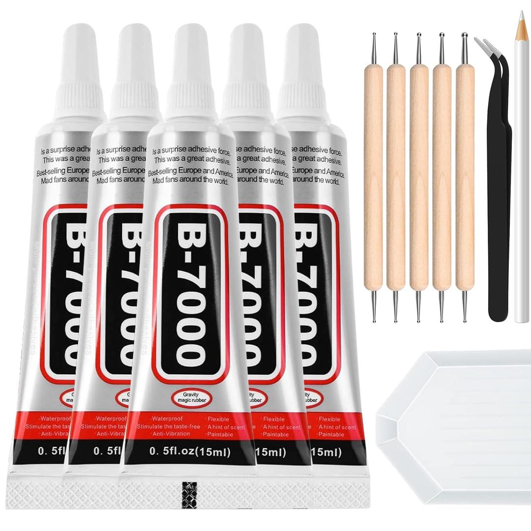 B7000 Clear Adhesive with Precision Tips, 5 PCS B-7000 Jewelry Bead Glue for Diamond Rhinestone Applicator Tools Set - Strength Adhesive for Nail Art DIY Crafts Clothes Shoes Bags