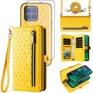 Phone Case for Motorola Moto G Stylus 5G 2025 Zipper Wallet Detachable Magnetic Cell Cover with Screen Protector Crossbody Lanyard Strap Bling Glitter Flip Credit Card Holder Slots Women Yellow