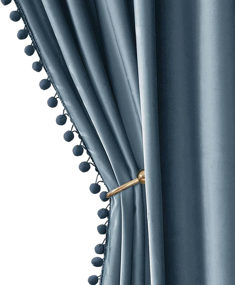 MIULEE Blue Pom Pom Velvet Curtains for Kids Bedroom/Living Room Darkening Thermal Insulating 84 Inches Long Blackout Curtains with Rod Pocket for Boy Room/Nursery/Home Theater, Set of 2, Slate Blue
