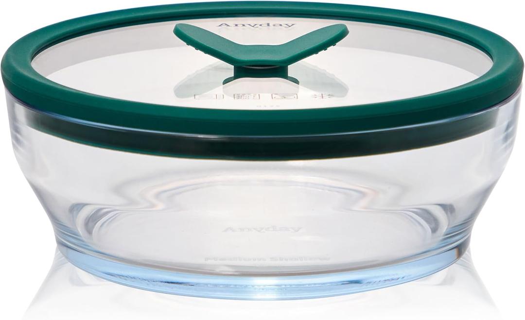 Anyday 4-Cup Glass Food Storage with Glass Lid, Round Shallow Dish | Plastic-Free Meal Prep & Microwave Cookware | Stackable Airtight Storage Container with Vented Lid for Microwave-Safe Reheating (Clear - Kale)