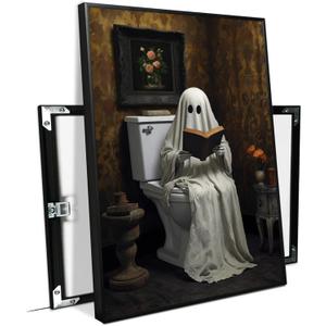 XWNLTEPK Halloween Canvas Wall Art Spooky Ghost Reading on Toilet Poster Vintage Bathroom Scene with Floral Painting Wooden Table Books Decor for Living Room Bedroom (8x12in Black Framed, A03)