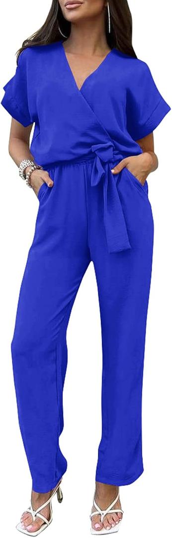 PRETTYGARDEN Women's One Piece Jumpsuits Dressy Casual Summer Short Sleeve Wrap V Neck Wide Leg Pants Romper Spring Clothes (Blue, M)