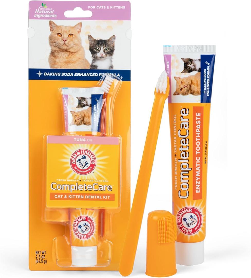 Arm & Hammer for Pets Complete Care Cat & Kitten Dental Kit | Includes 2.5 oz Tuna Flavor Enzymatic Cat Toothpaste, Cat Toothbrush, and Rubber Finger Brush for Cats (2.5 Ounce (Pack of 1))