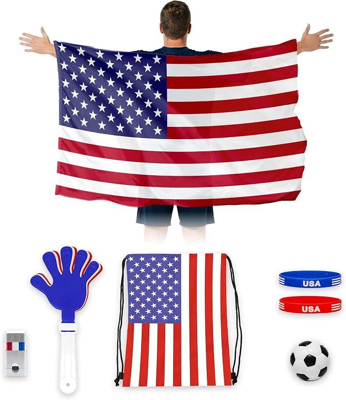 Wildarms USA Soccer Fan Accessories Kit 6PCS with Wig, Scarf, Tattoos, Whistle & Wristband - Game Day & Watch Party Gear