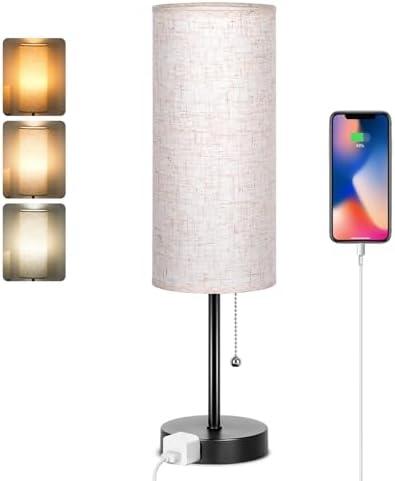 Dott Arts 18" Table Lamp for Bedroom, 3-Color Bedside Lamps with Pull Chain, Bedroom Table Lamps for Nightstand,AC Outlet Small Lamp for Living Room, Bulb Included Flax